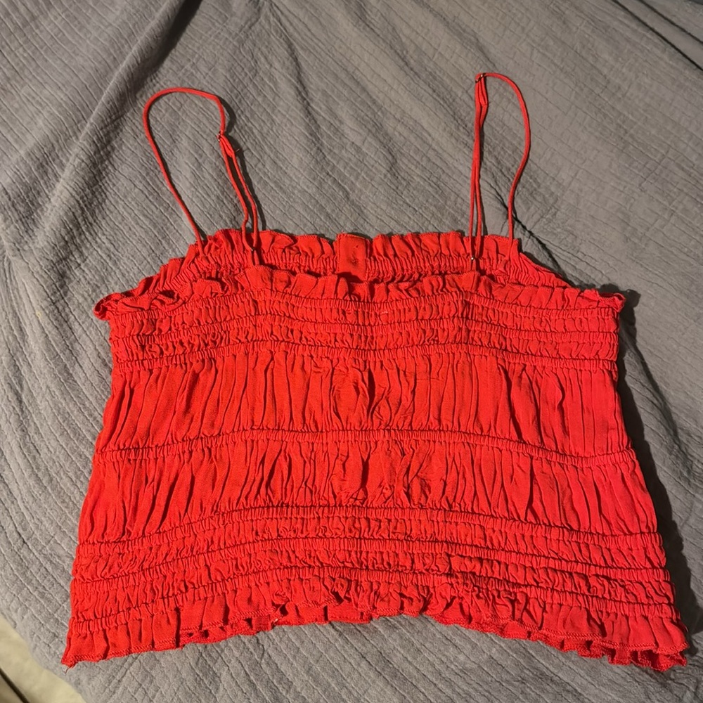 Bright Red Scrunched Crop Top With Buttons - image 2